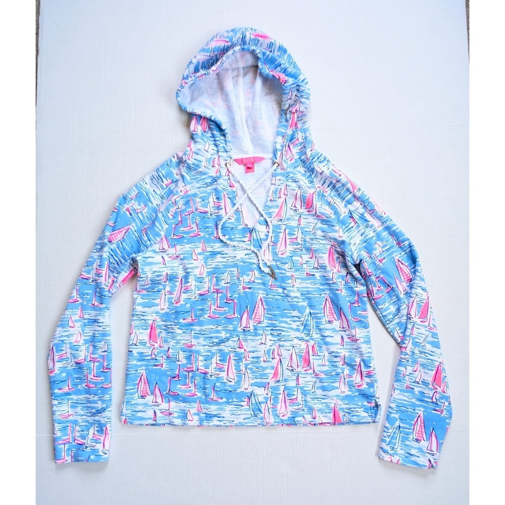 Lilly Pulitzer Kiawah Hoodie Womens Medium 008159 Long Sleeve Cropped Blue Boats